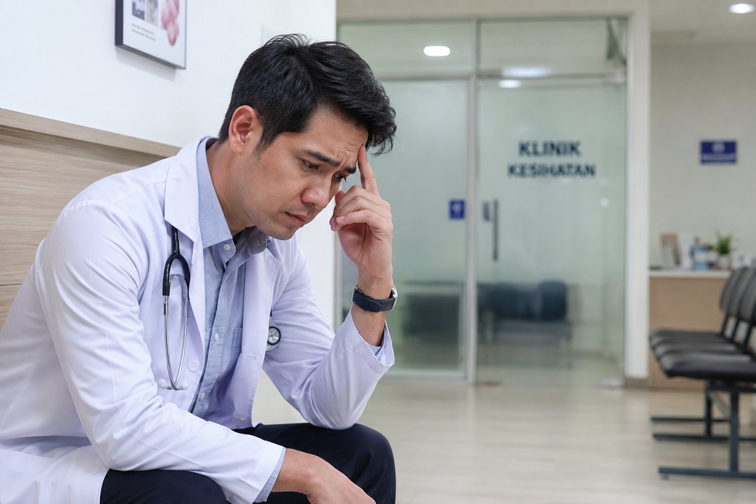 Worried doctor at empty clinic